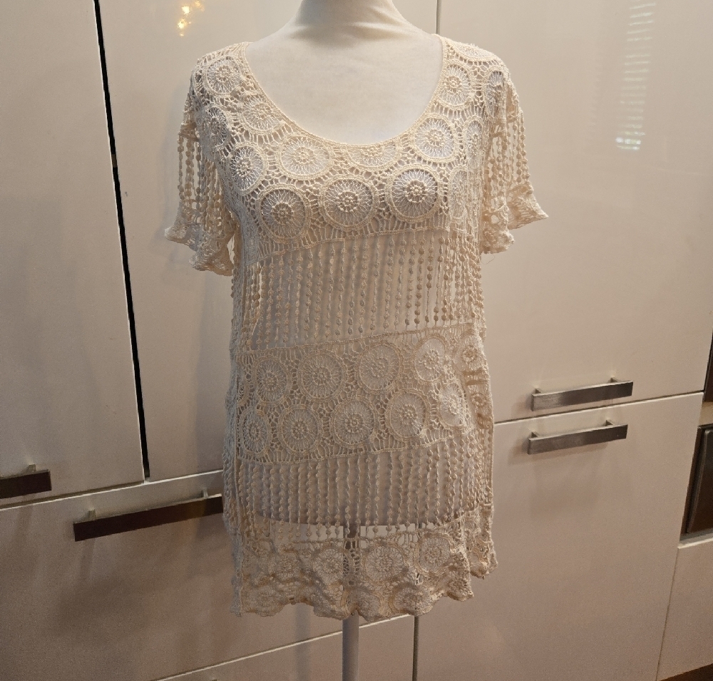 Crochet Cotton Scoop Neck Short Sleeve Top Shirt Cream Womens Size Small